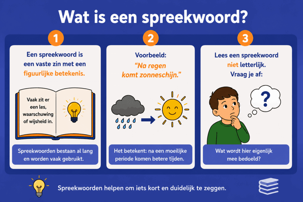 Eenvoudige educatieve illustratie die uitlegt waarom kinderen spreekwoorden en gezegden soms lastig vinden, met voorbeelden van letterlijk lezen, taalbegrip en uitleg in herkenbare situaties.