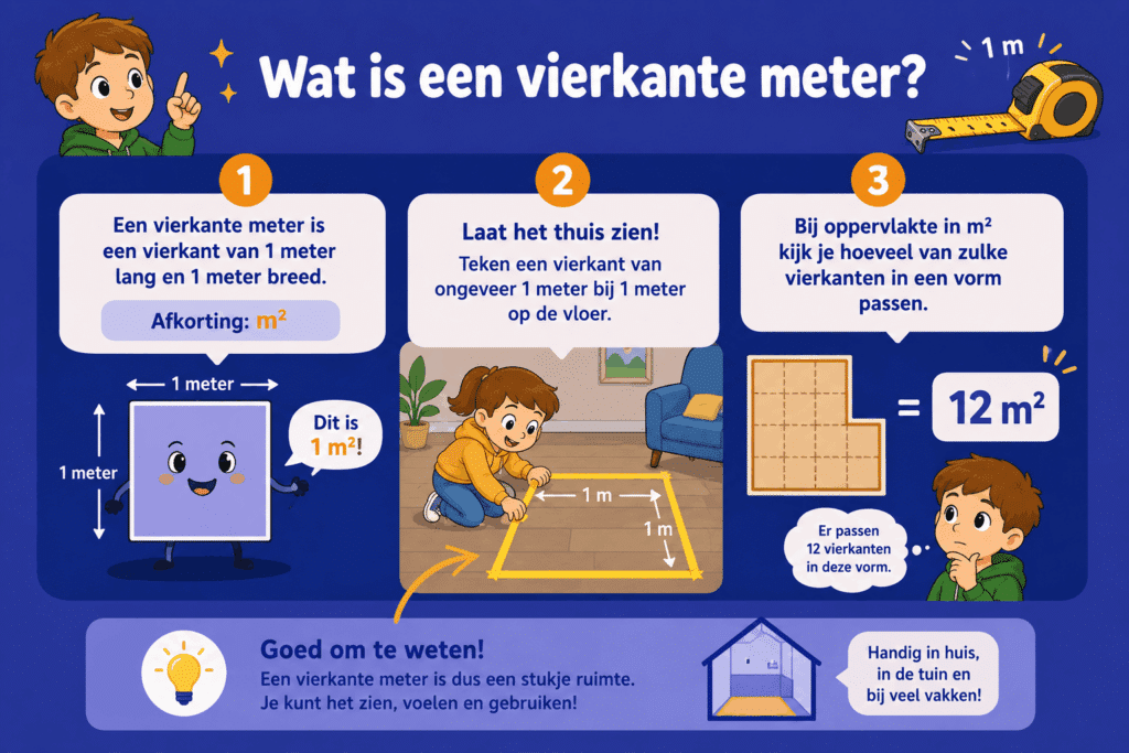 Speelse infographic voor basisschoolkinderen die uitlegt wat een vierkante meter is. De afbeelding toont een vrolijk vierkant van 1 meter bij 1 meter, een kind dat met tape een vierkant op de vloer maakt en een voorbeeld waarbij vierkante meters worden geteld in een vorm.