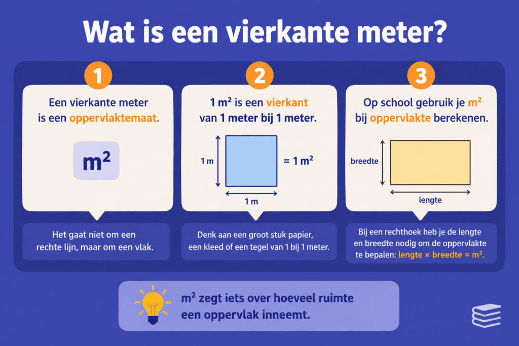 Infographic die uitlegt wat een vierkante meter is, met een vierkant van 1 meter bij 1 meter en een eenvoudig voorbeeld van oppervlakte berekenen.