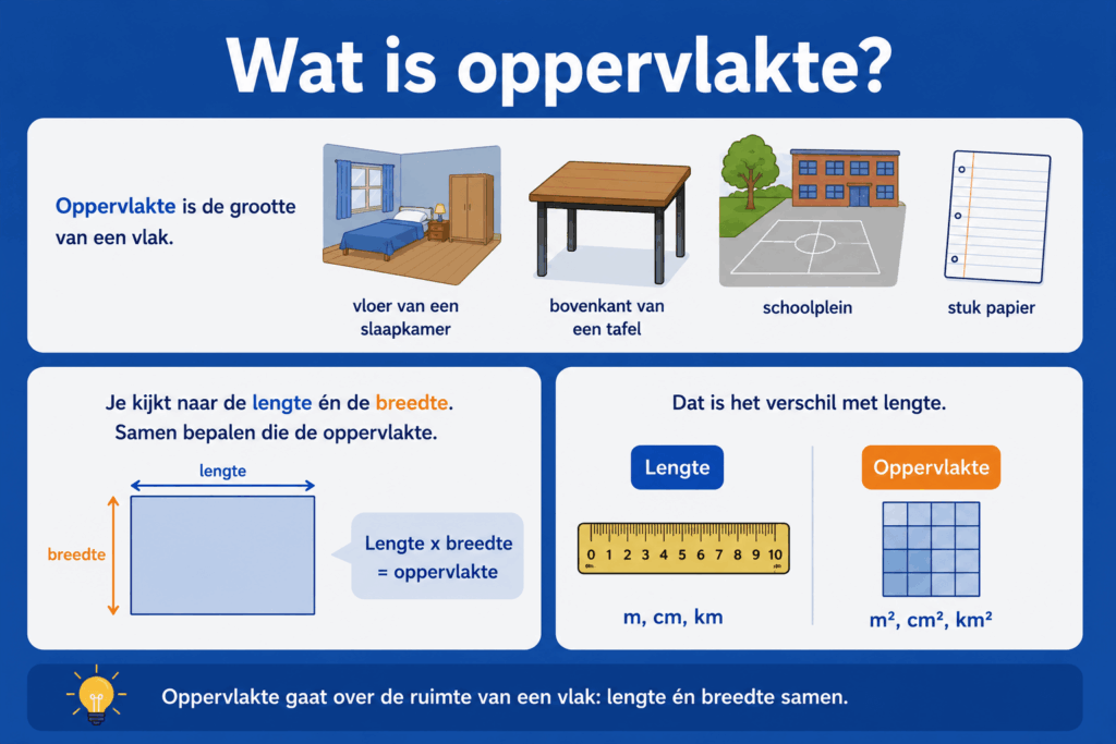 Educatieve illustratie die uitlegt wat oppervlakte is, met voorbeelden van een slaapkamer, tafel, schoolplein en papier en een vergelijking tussen lengte en oppervlakte.