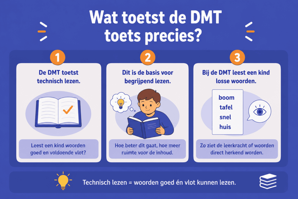 Infographic over wat de DMT toets precies meet, met uitleg over technisch lezen, vlot woorden herkennen en het lezen van losse woorden tijdens de toets.