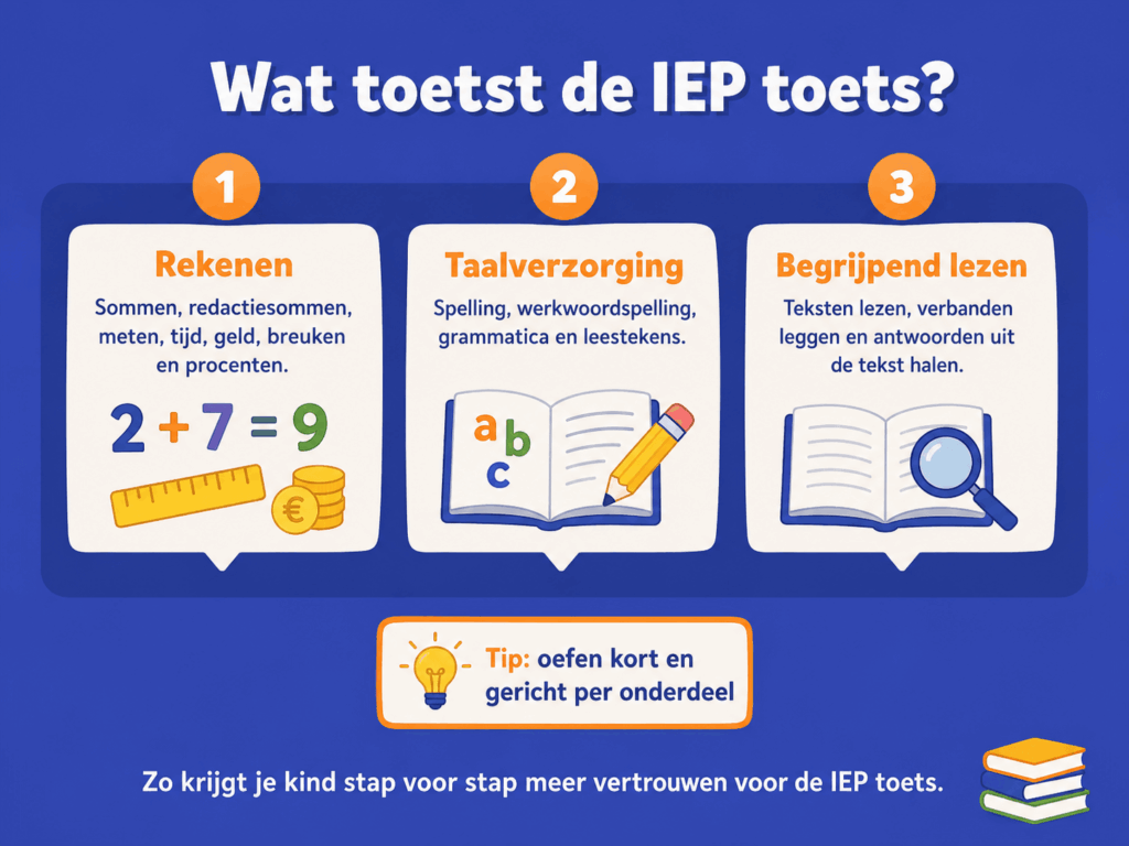 Infographic over wat de IEP toets toetst, met de onderdelen rekenen, taalverzorging en begrijpend lezen overzichtelijk uitgelegd voor ouders en kinderen.