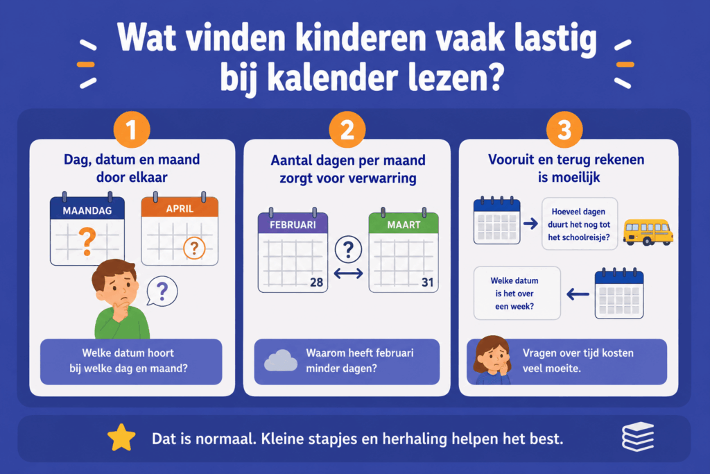 Infographic over wat kinderen vaak lastig vinden bij kalender lezen, zoals dag, datum en maand door elkaar halen, verwarring over februari en moeite met vooruit en terug rekenen in tijd.