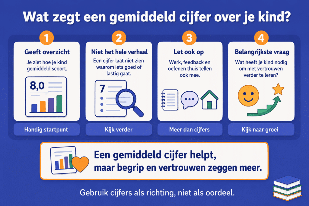 Infographic die uitlegt dat een gemiddeld cijfer overzicht geeft, maar altijd samen met werk, feedback en vertrouwen bekeken moet worden.
