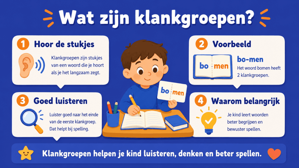 Infographic over klankgroepen met uitleg, voorbeeld van bo-men en tips om beter naar spelling te luisteren.