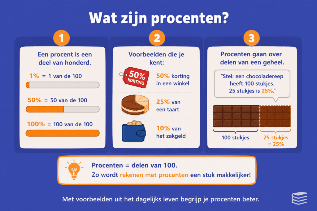 Educatieve afbeelding voor kinderen die uitlegt wat procenten zijn. De afbeelding laat zien dat 1%, 50% en 100% delen van 100 voorstellen met eenvoudige balken. Daarnaast worden herkenbare voorbeelden gebruikt, zoals 50% korting, 25% van een taart en 10% van zakgeld.