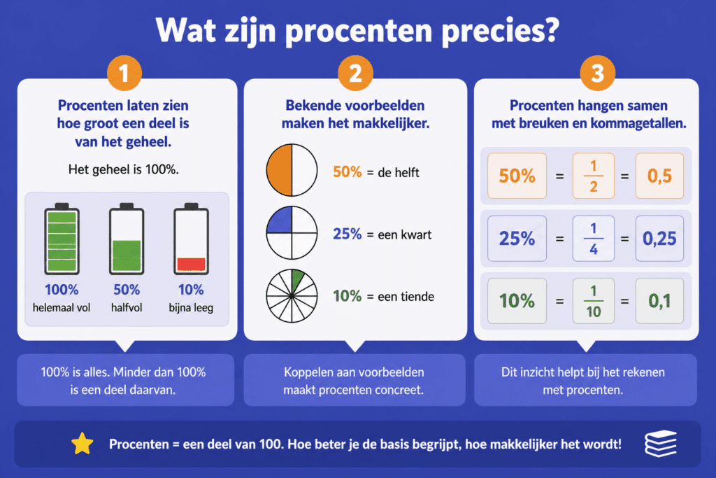 Infographic die procenten uitlegt als een deel van 100 met voorbeelden zoals 50%, 25% en 10%.
