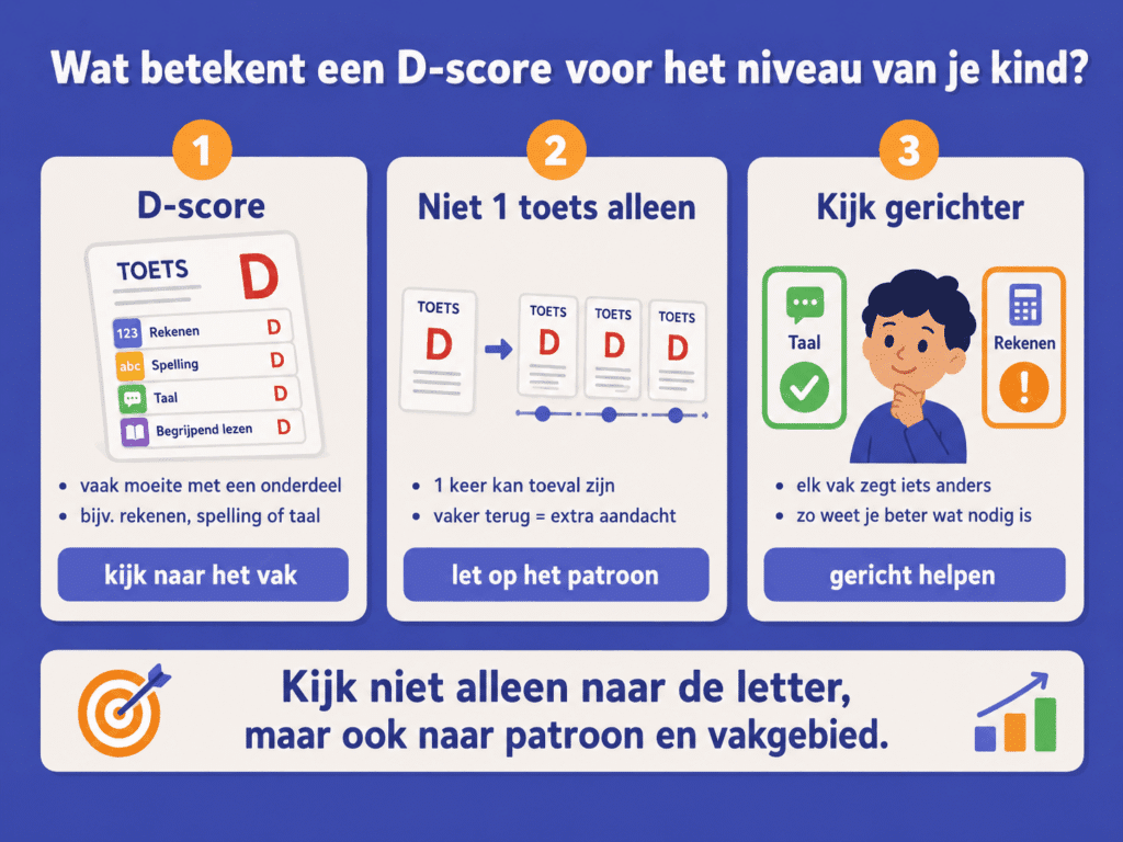 Infographic over wat een D score kan betekenen, met aandacht voor het vakgebied, het patroon in meerdere toetsen en gericht helpen.