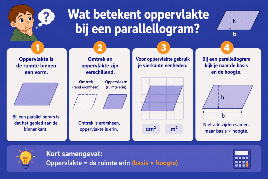 Infographic die uitlegt wat oppervlakte bij een parallellogram betekent. De afbeelding laat zien dat oppervlakte de ruimte binnen de vorm is, terwijl omtrek de rand rondom de vorm is. Ook wordt uitgelegd dat oppervlakte wordt uitgedrukt in vierkante eenheden zoals cm² en m² en dat je bij een parallellogram kijkt naar de basis en de hoogte.