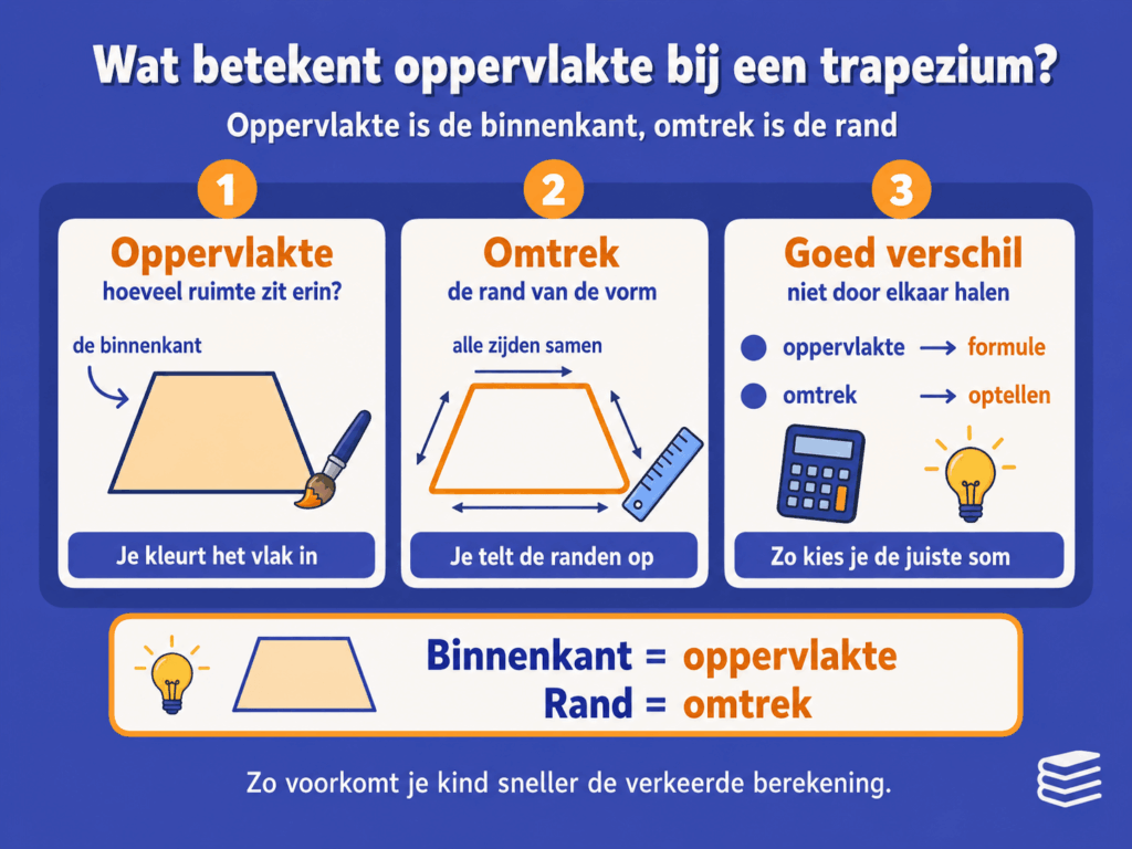 Infographic over de betekenis van oppervlakte bij een trapezium. De afbeelding laat het verschil zien tussen oppervlakte en omtrek: oppervlakte gaat over de binnenkant van de vorm en omtrek over de rand. Ook wordt uitgelegd dat je bij omtrek alle zijden optelt en bij oppervlakte een formule gebruikt.
