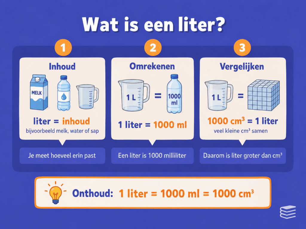 Educatieve illustratie die laat zien dat een liter een inhoudsmaat is en dat 1 liter gelijk is aan 1000 milliliter en 1000 cm³.