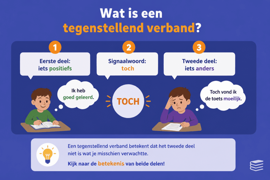 : Eenvoudige infographic die laat zien hoe een tegenstellend verband werkt met het signaalwoord 'toch' tussen een verwachting en een andere uitkomst.