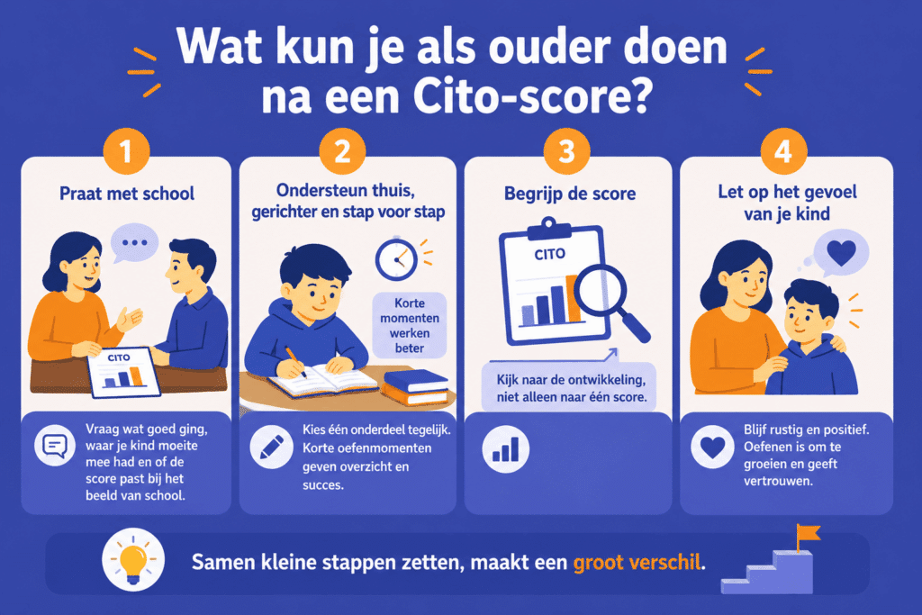 Kleurrijke infographic voor ouders met vier praktische stappen na een Cito-score. Stap 1 toont een gesprek tussen ouder en leerkracht met de boodschap om de uitslag te bespreken. Stap 2 laat een kind zien dat thuis oefent met korte en gerichte oefenmomenten.