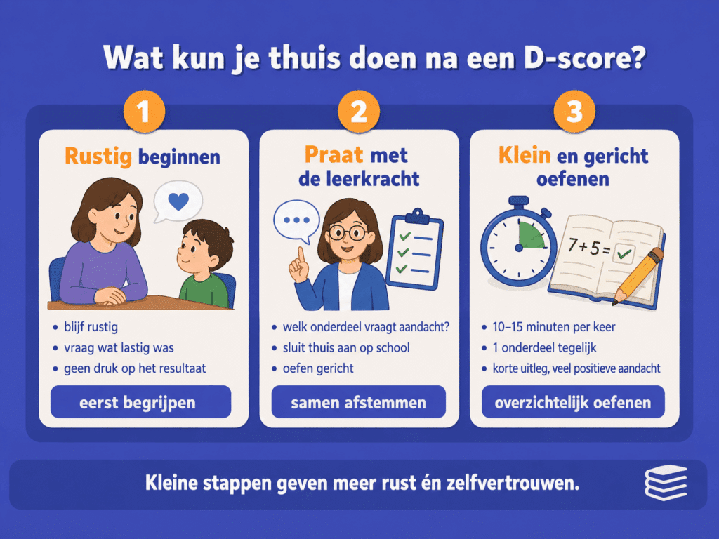 Infographic met tips voor thuis na een D score, zoals rustig blijven, overleggen met de leerkracht en kort gericht oefenen.
