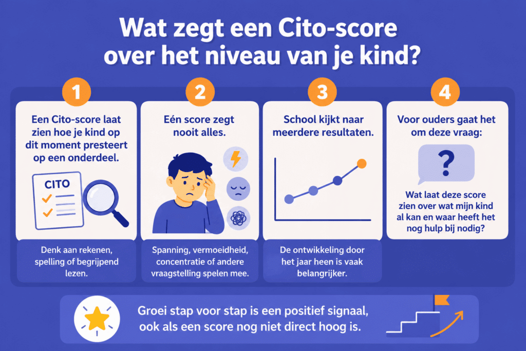 Overzichtelijke infographic die uitlegt wat een Cito-score zegt over het niveau van een kind. De afbeelding bestaat uit vier stappen. Stap 1 laat zien dat een Cito-score een momentopname is van een vakgebied zoals rekenen, spelling of begrijpend lezen.