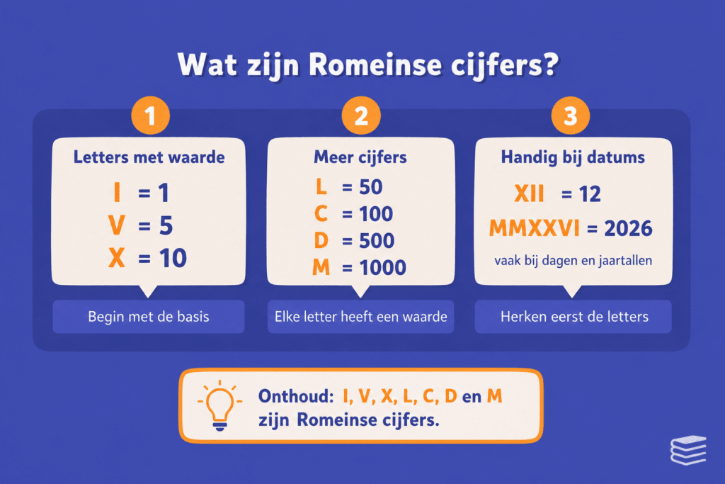 Educatieve illustratie die laat zien welke letters Romeinse cijfers zijn en welke waarde ze hebben, met voorbeelden zoals XII = 12 en MMXXVI = 2026.
