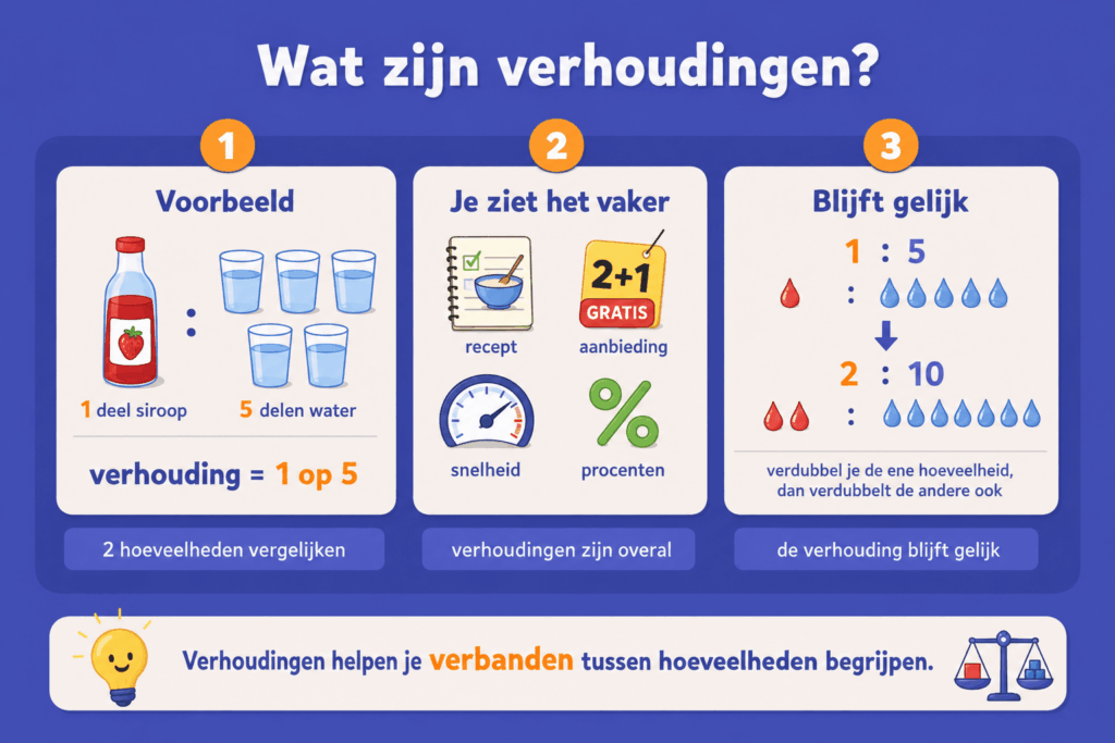 Infographic over verhoudingen, met een voorbeeld van siroop en water, dagelijkse situaties zoals recepten en aanbiedingen en uitleg dat een verhouding gelijk blijft als beide hoeveelheden veranderen.