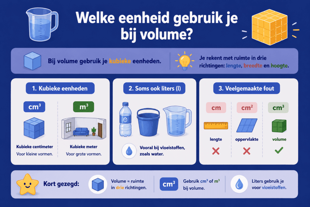 Infographic over volume-eenheden voor kinderen. De afbeelding laat zien dat volume wordt gemeten in kubieke eenheden zoals cm³ en m³, omdat je rekent met lengte, breedte en hoogte. Ook wordt uitgelegd dat liters vooral worden gebruikt voor vloeistoffen en dat cm³ de juiste eenheid is voor volume, terwijl cm bij lengte en cm² bij oppervlakte hoort.