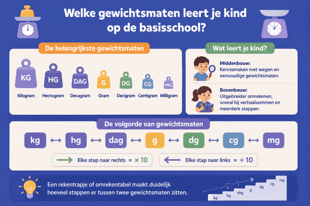 Infographic die laat zien hoe kinderen stap voor stap leren omgaan met gewichtsmaten. De afbeelding verdeelt het leerproces in onderbouw, groep 5 en 6, groep 7 en 8 en laat zien dat sommige kinderen meer oefening nodig hebben.