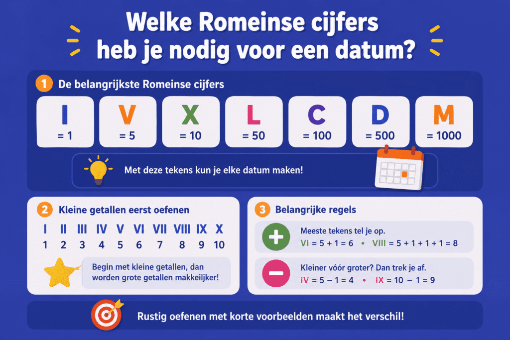 Infographic met de belangrijkste Romeinse cijfers en eenvoudige regels om datums en jaartallen om te zetten.