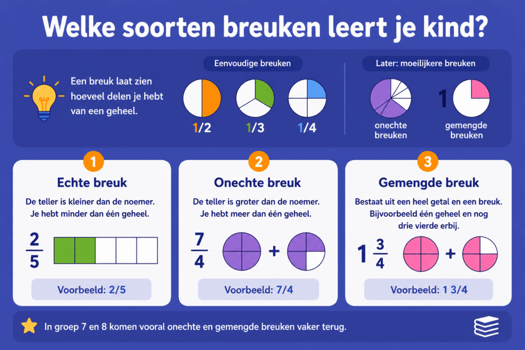 Educatieve illustratie die de verschillen laat zien tussen een echte breuk, een onechte breuk en een gemengde breuk met eenvoudige visuele voorbeelden.