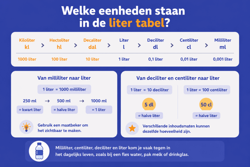 : Rustige educatieve infographic over de liter tabel. Bovenaan staat een overzicht van de inhoudsmaten van groot naar klein: kiloliter, hectoliter, decaliter, liter, deciliter, centiliter en milliliter. Daaronder worden eenvoudige voorbeelden gegeven van milliliter, deciliter en centiliter naar liter.