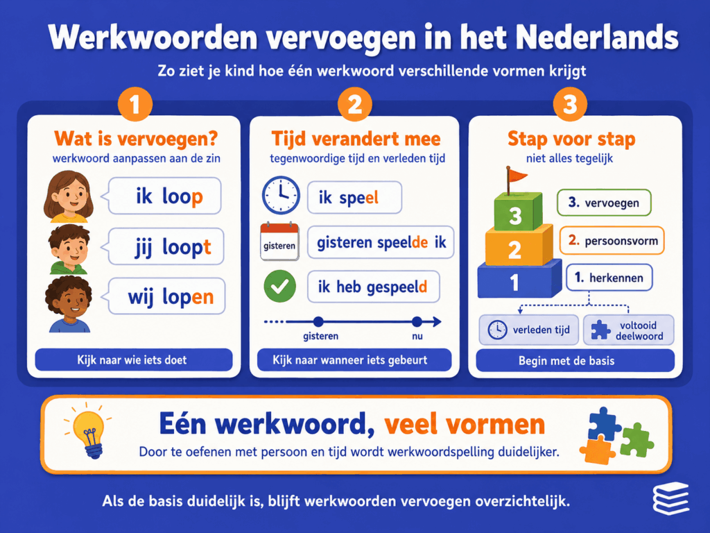 Infographic over werkwoorden vervoegen in het Nederlands. De afbeelding laat zien wat vervoegen is, hoe werkwoorden veranderen in de tegenwoordige tijd en verleden tijd, en dat kinderen stap voor stap moeten oefenen met herkennen, persoonsvorm en eenvoudige vervoegingen.