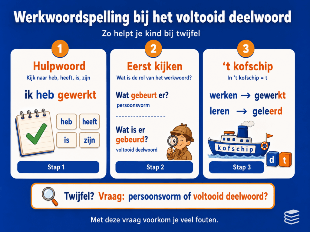 : Infographic met drie stappen voor werkwoordspelling bij het voltooid deelwoord: kijk naar het hulpwoord, bepaal de rol van het werkwoord en gebruik ’t kofschip om d of t te kiezen.