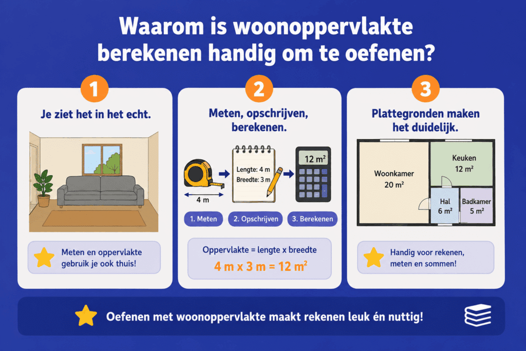 Infographic die laat zien hoe kinderen woonoppervlakte oefenen met meten, rekenen en plattegronden.