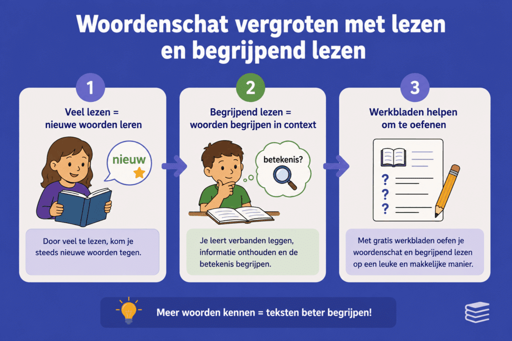 Infographic die laat zien hoe lezen en begrijpend lezen helpen om de woordenschat van kinderen te vergroten.