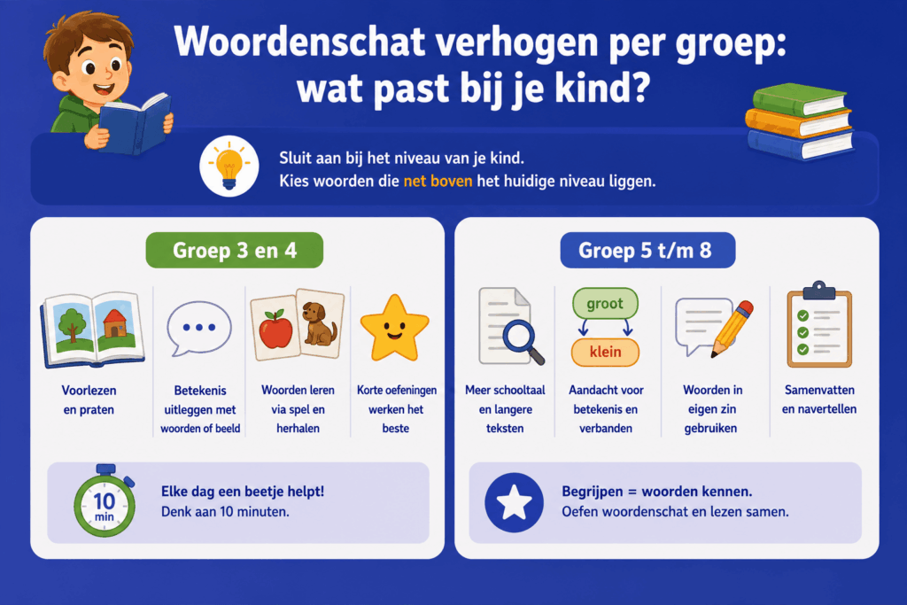 Kleurrijke infographic voor ouders en basisschoolkinderen over het vergroten van de woordenschat per leeftijdsgroep. De afbeelding vergelijkt groep 3 en 4 met groep 5 t/m 8 en laat zien welke activiteiten passen bij elke fase, zoals voorlezen, praten over woorden, woordspelletjes, langere teksten lezen en samenvatten