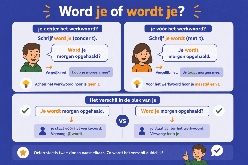 Educatieve infographic die het verschil uitlegt tussen word je en je wordt. De afbeelding vergelijkt twee situaties: wanneer je achter het werkwoord staat schrijf je word je, en wanneer je vóór het werkwoord staat schrijf je je wordt. Met eenvoudige voorbeelden zoals “Word je morgen opgehaald?” en “Je wordt morgen opgehaald.” wordt de regel stap voor stap uitgelegd.