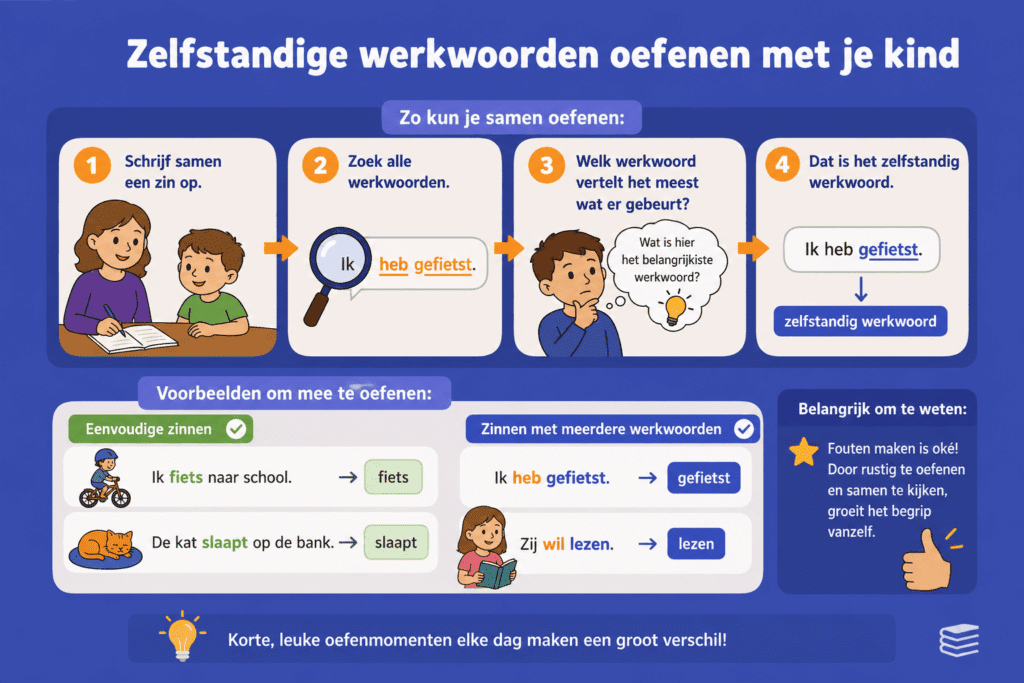 Infographic die laat zien hoe kinderen zelfstandig werkwoorden herkennen en thuis kunnen oefenen met voorbeeldzinnen.