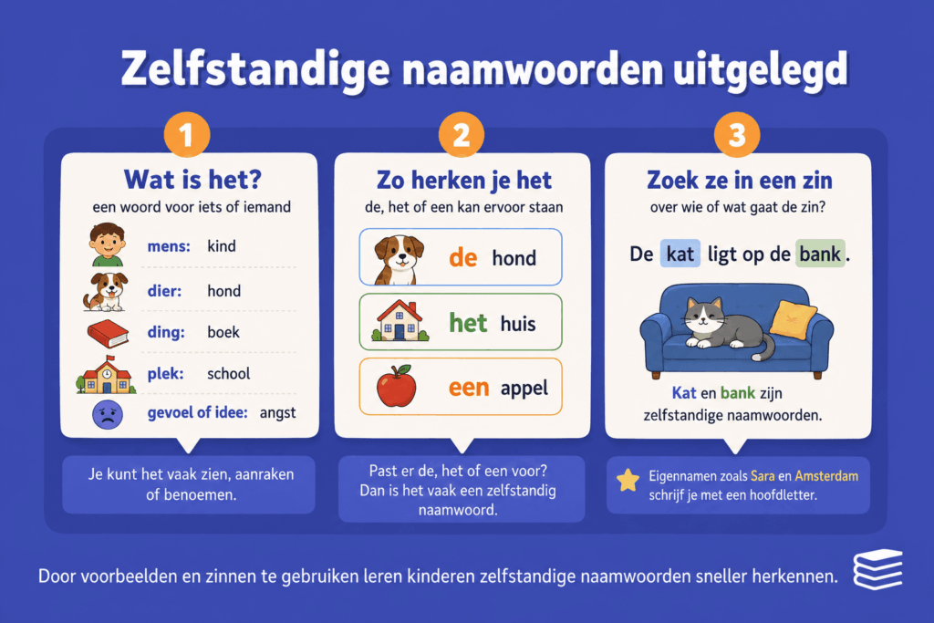 Infographic die uitlegt wat zelfstandige naamwoorden zijn, hoe kinderen ze herkennen met de, het of een en hoe ze zelfstandige naamwoorden in een zin kunnen zoeken.
