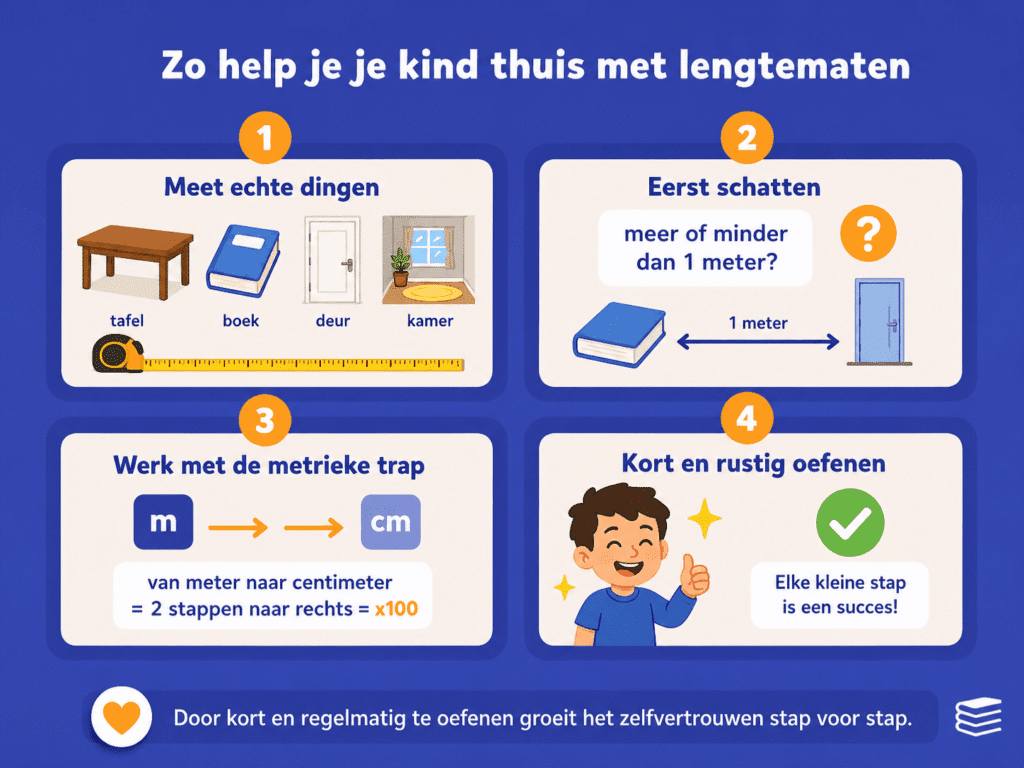 Illustratie in blauwe stijl die laat zien hoe je je kind thuis kunt helpen met lengtematen door te meten, schatten en omrekenen met praktische voorbeelden.