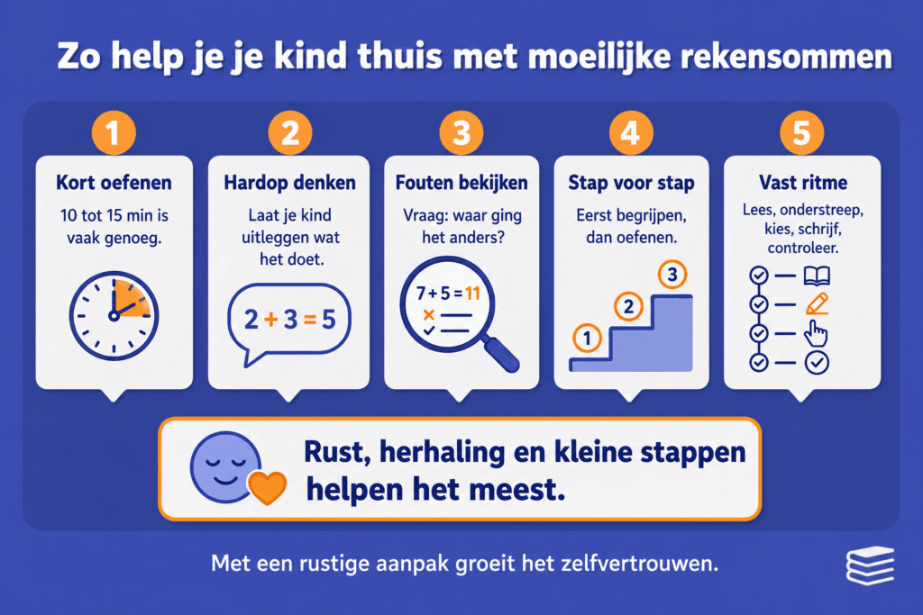 Infographic met vijf tips om je kind thuis te helpen met moeilijke rekensommen, zoals kort oefenen, hardop denken en stap voor stap werken.
