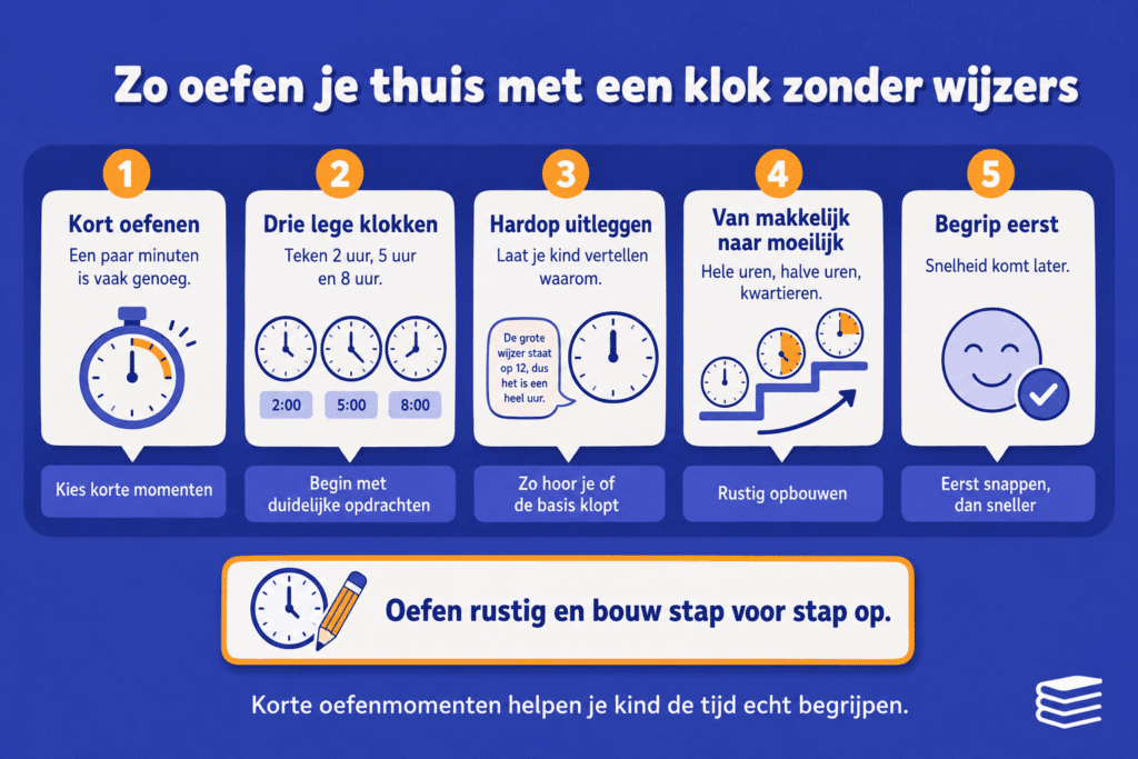 Infographic met vijf stappen om thuis te oefenen met een klok zonder wijzers, van kort oefenen tot begrip boven snelheid.