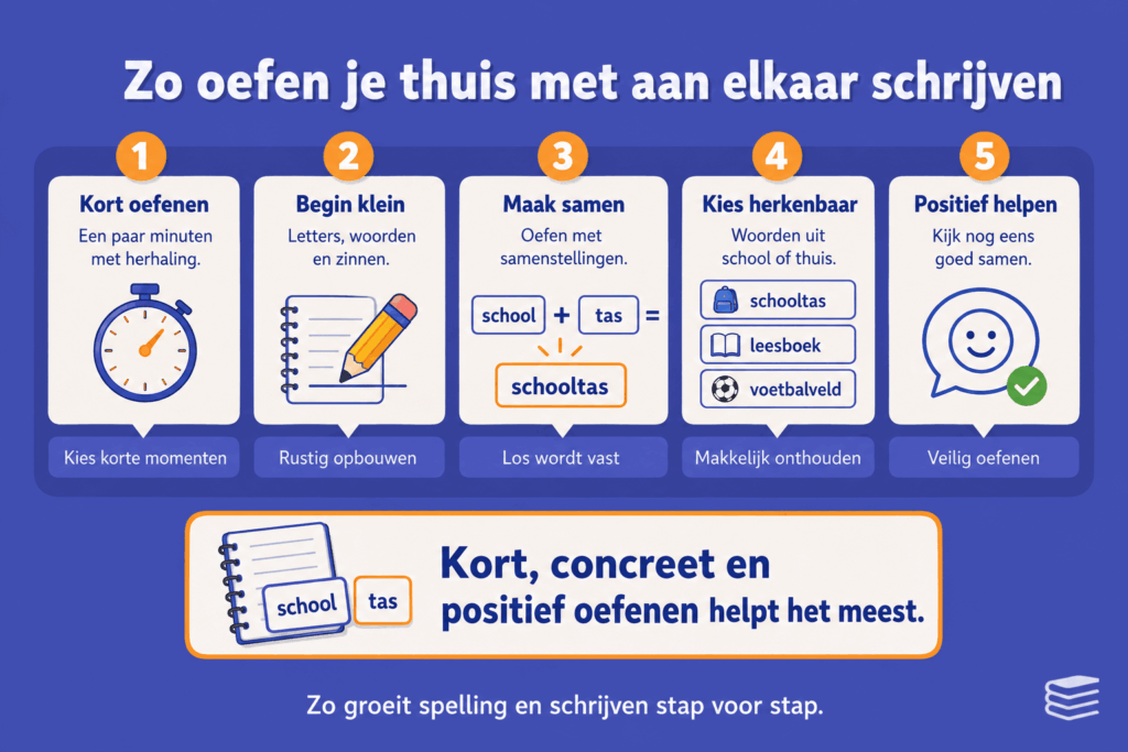 Infographic met vijf tips om thuis te oefenen met aan elkaar schrijven, zoals kort oefenen, klein beginnen en positief helpen.