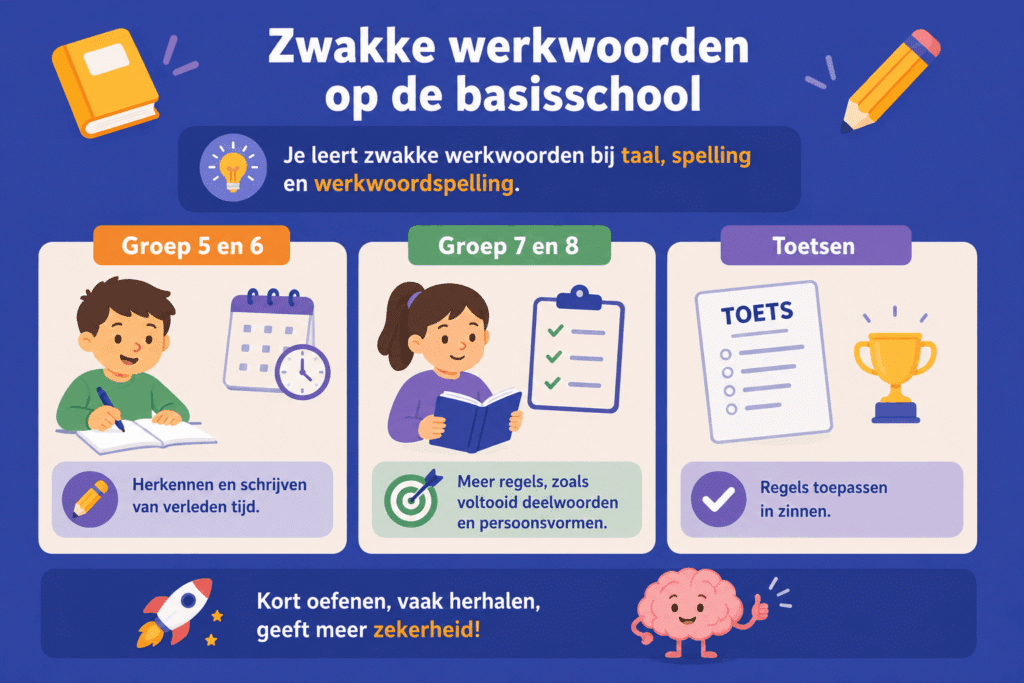 Infographic over zwakke werkwoorden op de basisschool. De afbeelding laat zien dat kinderen in groep 5 en 6 oefenen met het herkennen en schrijven van de verleden tijd, terwijl in groep 7 en 8 ook voltooid deelwoorden en persoonsvormen aan bod komen.