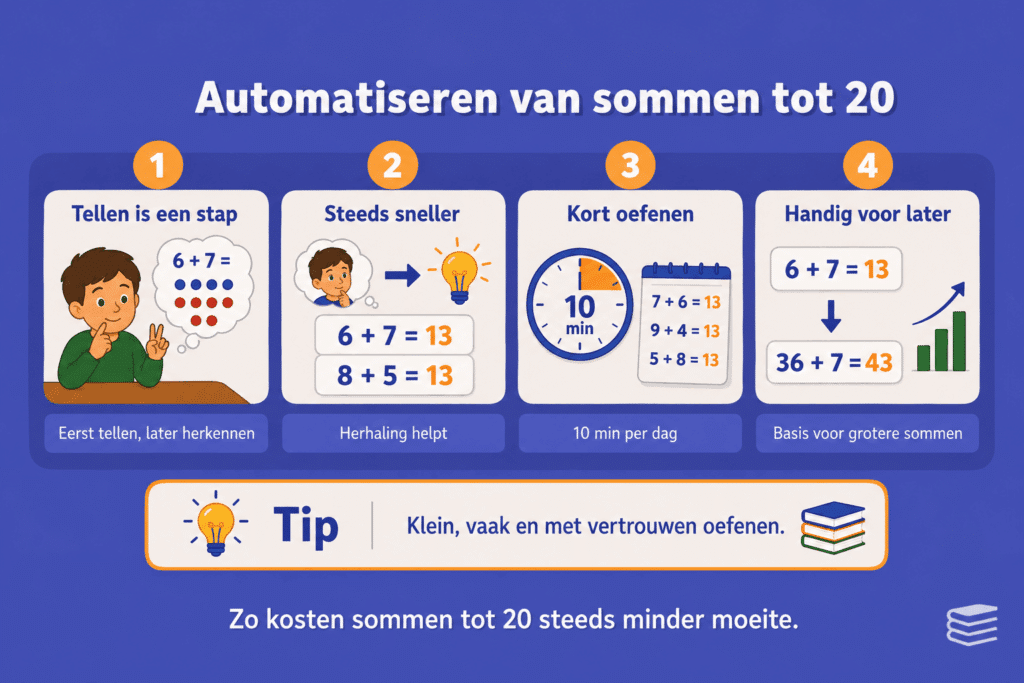Educatieve infographic over het automatiseren van sommen tot 20, met aandacht voor tellen als tussenstap, herhaling, korte oefenmomenten en het gebruiken van deze basis bij grotere sommen.