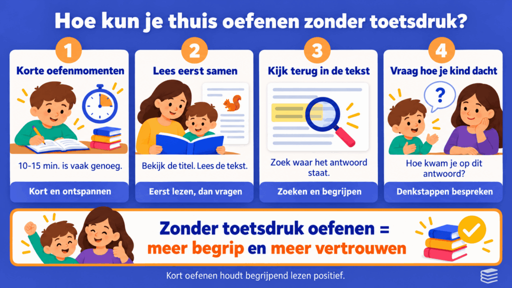 Infographic met vier tips om begrijpend lezen in groep 4 thuis te oefenen zonder toetsdruk: kort oefenen, samen lezen, antwoorden terugzoeken en denkstappen bespreken.