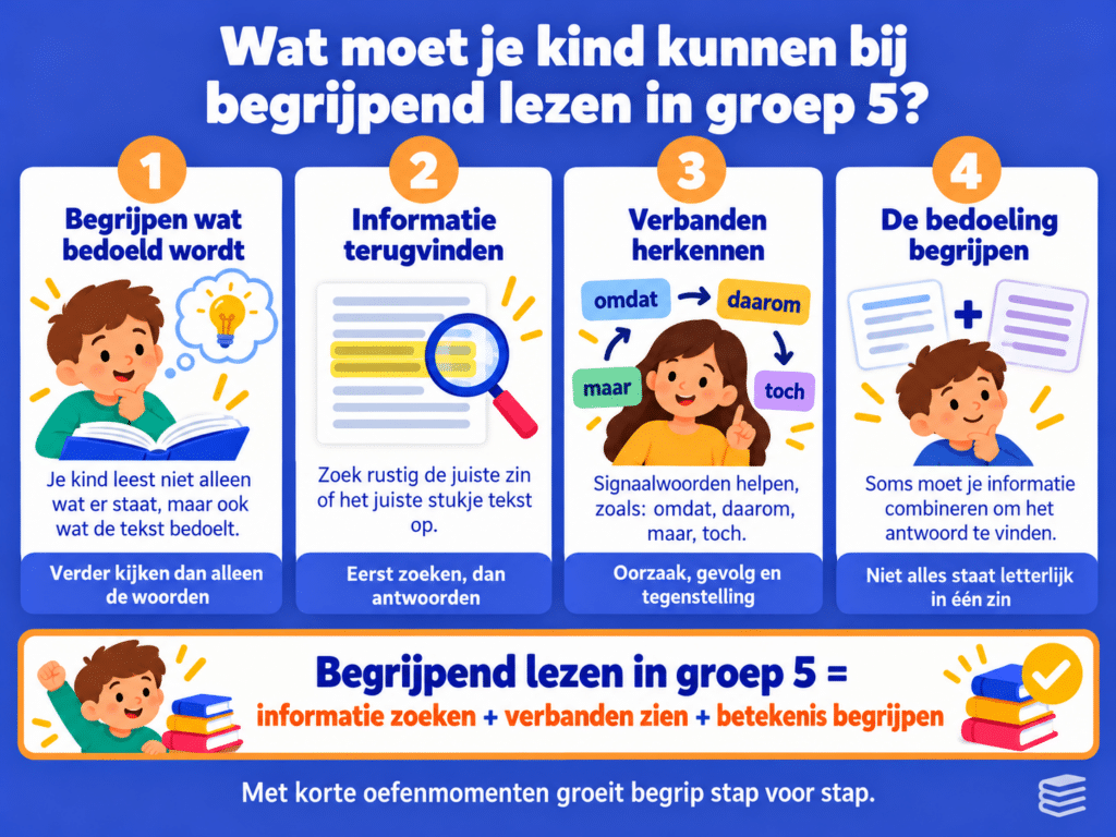 Infographic over begrijpend lezen in groep 5 met vier belangrijke vaardigheden: de betekenis van teksten begrijpen, informatie terugvinden, verbanden herkennen en de bedoeling van de schrijver begrijpen.
