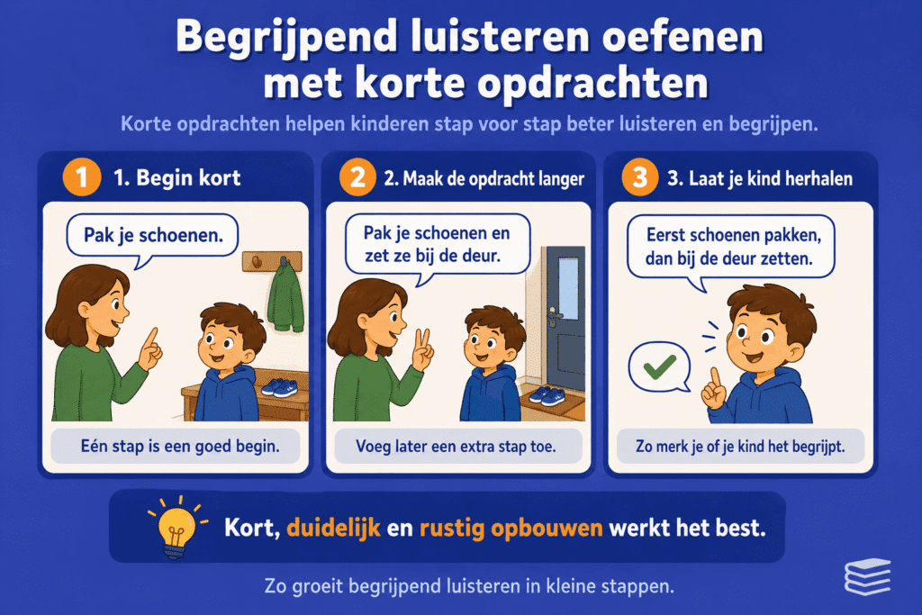 Infographic over begrijpend luisteren oefenen met korte opdrachten, met voorbeelden van kort beginnen, opdrachten uitbreiden en je kind de opdracht laten herhalen.