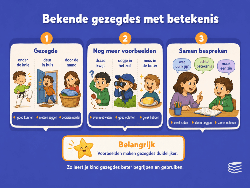 Infographic met bekende gezegdes en hun betekenis, plus een eenvoudige manier om ze samen met je kind te bespreken.