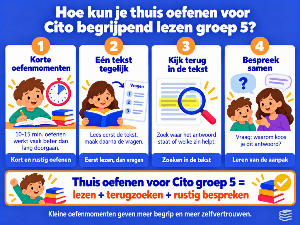 Infographic met vier tips om thuis te oefenen voor Cito begrijpend lezen in groep 5: korte oefenmomenten, één tekst tegelijk lezen, antwoorden terugzoeken in de tekst en samen antwoorden bespreken.