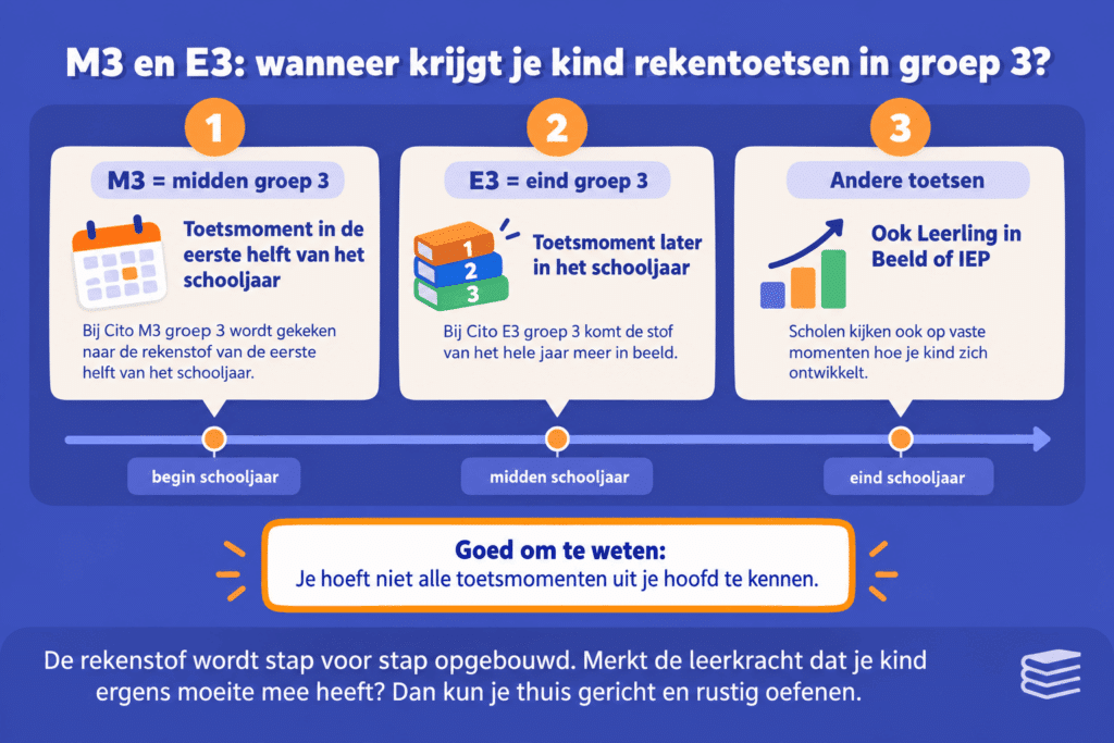Infographic over rekentoetsen in groep 3 met uitleg over Cito M3 (midden groep 3), Cito E3 (eind groep 3) en toetsmomenten van Leerling in Beeld en IEP.