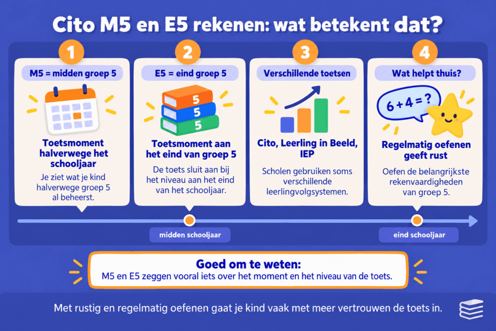Infographic over Cito M5 en E5 rekenen groep 5 met uitleg over de toetsmomenten midden en eind groep 5, leerlingvolgsystemen en thuis oefenen.