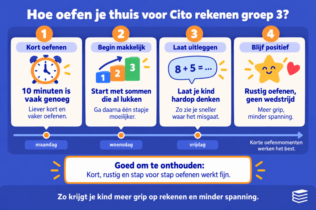 Infographic met vier tips om thuis te oefenen voor Cito rekenen groep 3: kort oefenen, beginnen met makkelijke sommen, hardop denken en positief blijven.