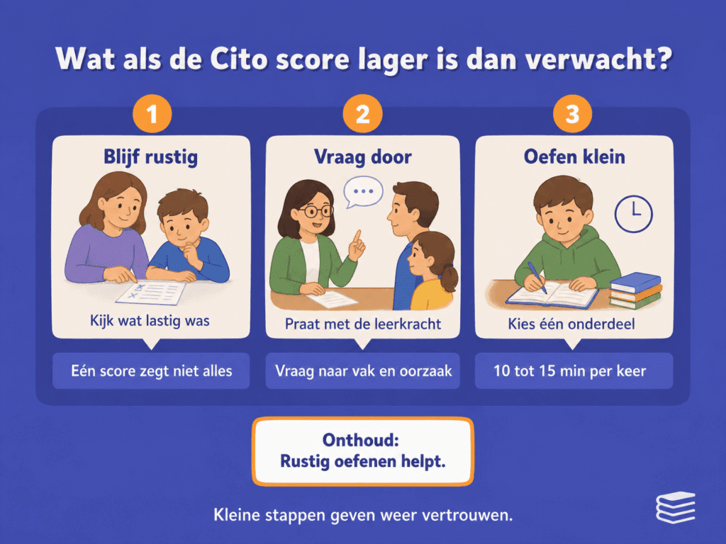 Educatieve infographic over wat je kunt doen als de Cito score lager is dan verwacht. De afbeelding laat zien dat je eerst rustig kijkt wat lastig was, daarna de uitslag met de leerkracht bespreekt en thuis kort oefent met één onderdeel tegelijk.