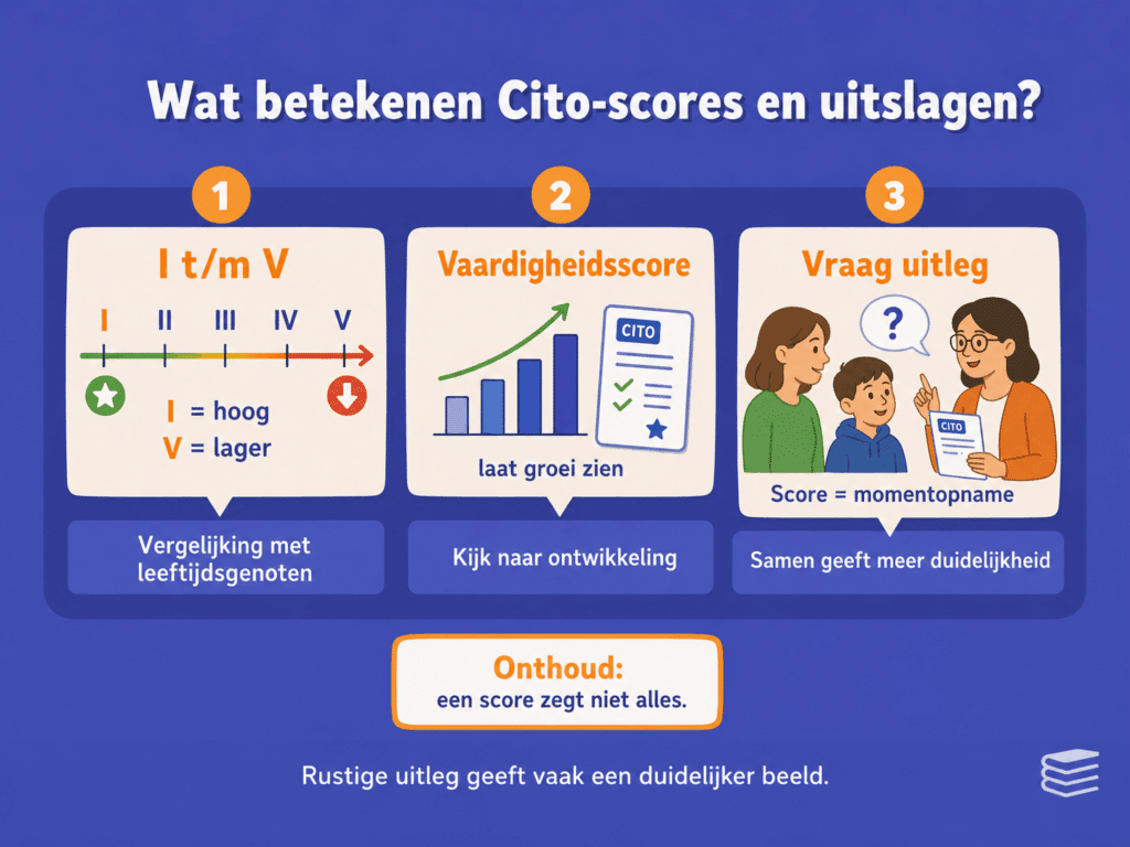 Educatieve infographic over wat Cito scores en uitslagen betekenen. De afbeelding laat zien wat scores I tot en met V aangeven, hoe een vaardigheidsscore groei kan laten zien en waarom uitleg van de leerkracht helpt om de uitslag goed te begrijpen.